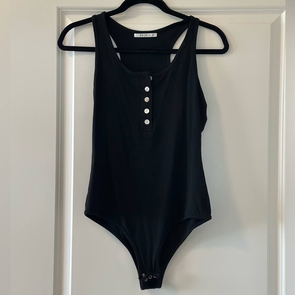 Scoop Neck Racerback Tank Top Button Down Bodysuits- Black
